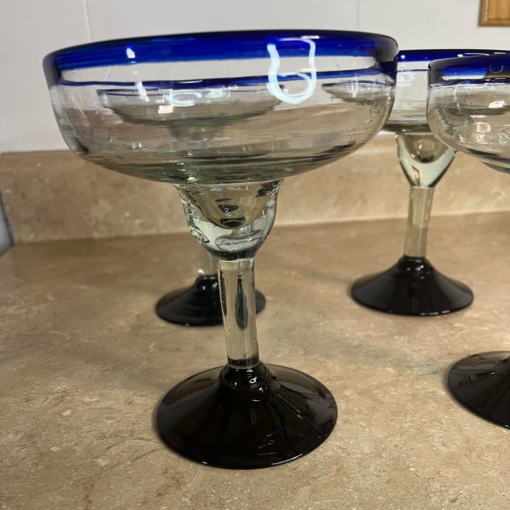 Set of 4 Blue-Rim Margarita Glasses Hand Blown - Picture 2 of 4